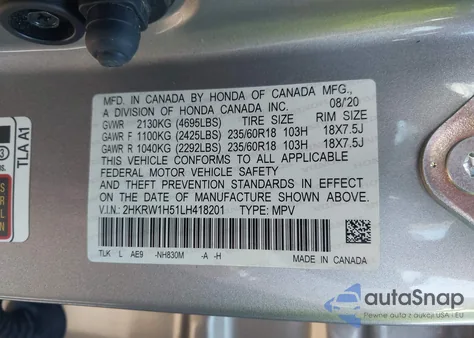 2020 Honda Cr-V 2Wd Ex from USA, damaged, VIN 2HKRW1H51LH418201